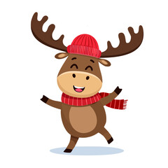 Cute Cartoon Dancing Moose Character Wearing a Winter Hat and Scarf Isolated on a Transparent Background