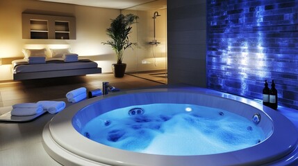 Luxurious spa-like bedroom retreat with illuminated round jacuzzi, creating a serene and intimate atmosphere of relaxation and modern design elegance