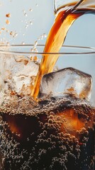 Refreshing cola stream pours over crystal-clear ice cubes, creating a dynamic splash of caramel-colored liquid with effervescent bubbles dancing in the glass