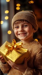 Joyful child in cozy knit sweater and beanie holds sparkling golden gift box with festive bokeh lights in warm background