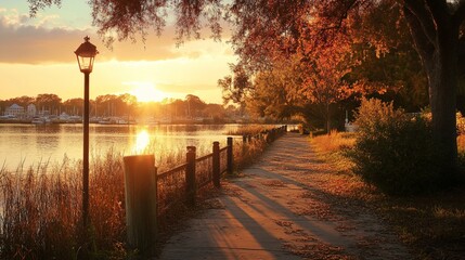 A serene autumn evening by the river, showcasing vibrant foliage and warm sunlight reflecting off the water, perfect for relaxation or inspiration amidst nature's beauty.