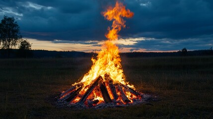 Blazing campfire illuminates dark twilight landscape with intense orange flames reaching high against moody blue-gray sky and distant treeline