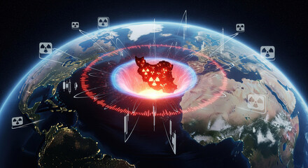 Earth from space highlights Iran with nuclear warning symbols and shockwave, symbolizing worldwide risk from nuclear crisis and proliferation.