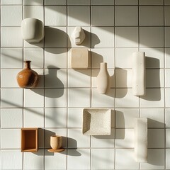 A beautifully arranged assortment of ceramic decor pieces against a textured white tile wall, showcasing artistic design and soft shadows created by sunlight.
