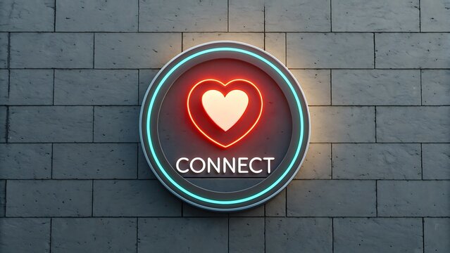 Glowing neon heart connect sign on textured wall isolated on white background - Powered by Adobe