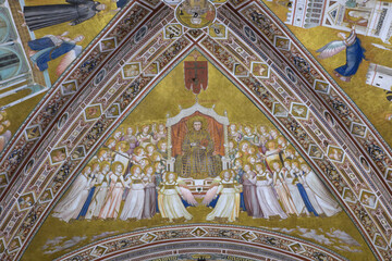 St Francis in Glory fresco, attributed to Giotto's school, with Francis enthroned among saints and angels, Lower Basilica of San Francesco, Assisi, Italy, early 14th century.