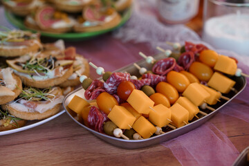 Rustic Charcuterie Board Feast: Salami, Cheese Skewers, Crostini, Tomatoes, Olives and Appetizers...