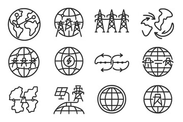 Black energy grid icons illustrating global electricity and sustainability concepts