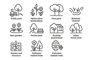 Urban park icons set with green infrastructure and sustainable garden designs