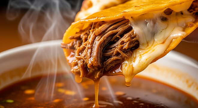 Close-up of a steaming hot birria taco with tender shredded beef and gooey melted cheese, dripping savory consomm&eacute; into a warm bowl
