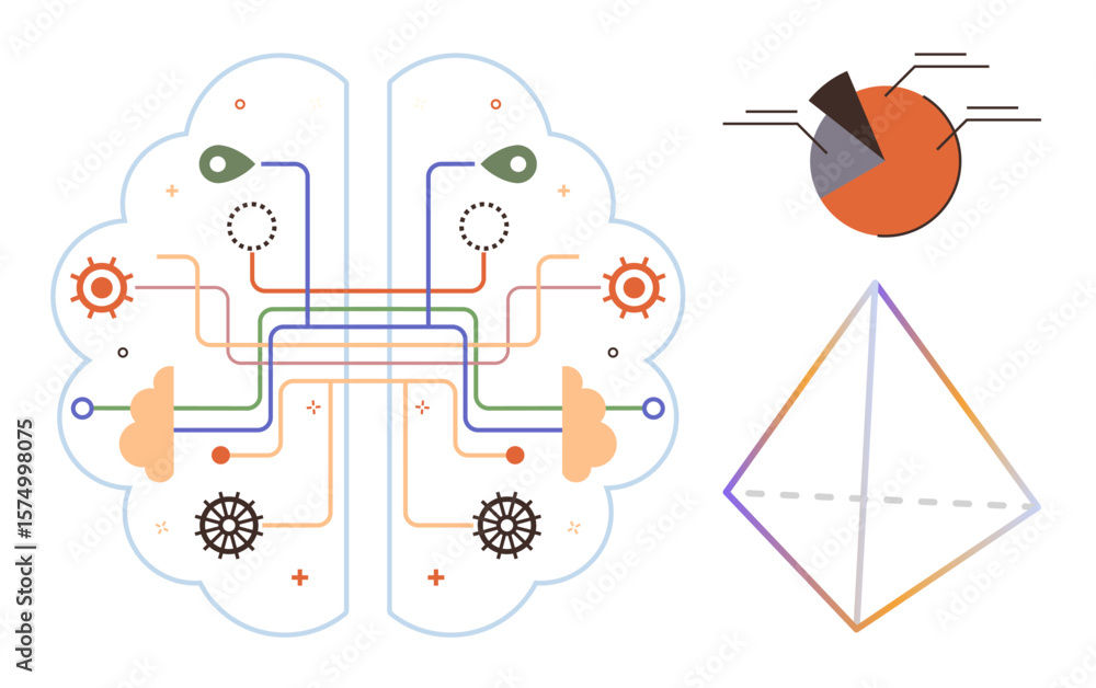 Poster brain with colorful interconnected paths, gears, pie chart, and pyramid representing data, thinking,