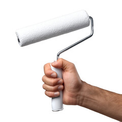 Hand holding a white paint roller isolated on transparent background