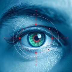 Close-up of a human eye with a digital targeting overlay. The eye has a vibrant green iris and detailed texture. The background is a soft blue hue.