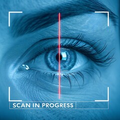 Close-up of a human eye with a digital scanning overlay. The eye is blue with long eyelashes. The background is blurred, emphasizing the scanning process.