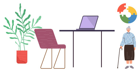 Elderly person with cane near modern desk setup featuring laptop, chair, potted plant, and colorful puzzle piece graphic. Ideal for inclusion, work-life balance, remote work, aging, innovation