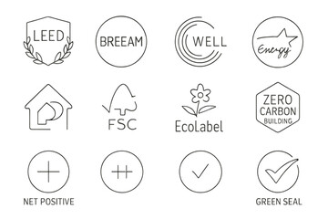 Green certification symbols: leed, breeam, well, energy, fsc, ecolabel, zero carbon