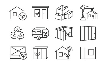 Sustainable building icons with eco-friendly and recycling symbols