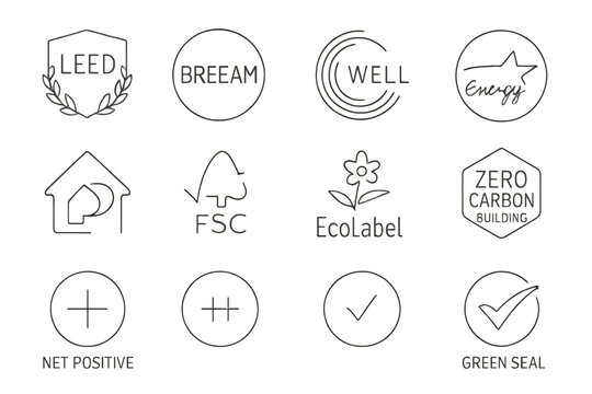 Green certification symbols: leed, breeam, well, energy, fsc, ecolabel, zero carbon