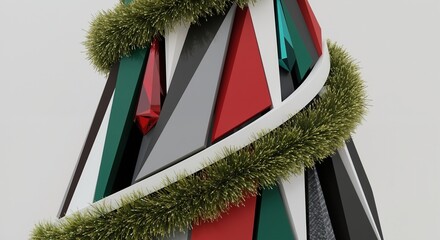 Modern geometric christmas tree made from colorful paper triangles on neutral background. Abstract holiday decoration in contemporary minimalist style. Creative design. home decor, design services