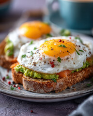 A slice of lightly toasted wholemeal bread with green mashed avocado, salmon and a poached egg.