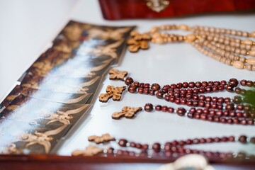 Orthodox Prayer Rosary and Book: Traditional Brown Wooden Beads, Cross, Spiritual Devotion,...