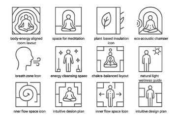 Meditation and wellness icons: space, energy, design, natural light, insulation