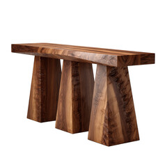 Modern geometric wood console table with unique tapered legs isolated on transparent background