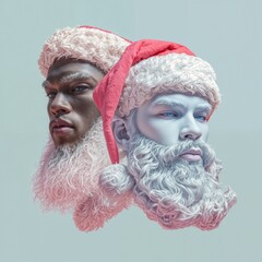 Surreal dual portrait of two stylized men in Santa hats with curly white beards. One face realistic, the other icy and statue-like. Fantasy holiday concept with modern artistic flair.