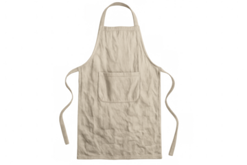 Neutral-toned kitchen apron featuring front pocket, hanging against transparent backdrop
