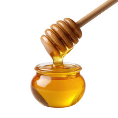 Golden honey dripping from wooden dipper into jar isolated on transparent background