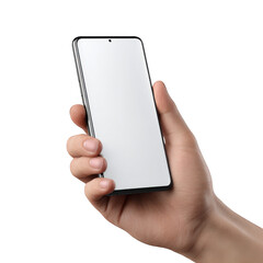 Hand holding a modern smartphone with a blank screen isolated on transparent background