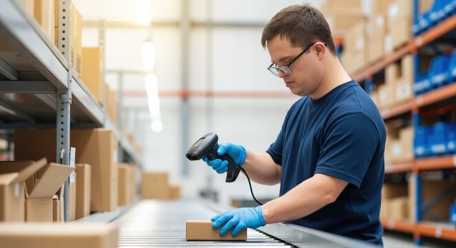 warehouse worker scanning barcode with handheld device in logistics facility. Male employee wearing blue uniform processing inventory. Supply chain management. Warehouse equipment, logistics services