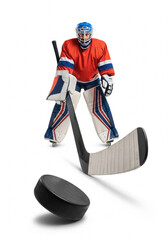 ce hockey goalie in vibrant uniform with hockey stick and puck viewed from an uncommon perspective, creating an impressive effect in the foreground.