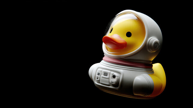 Yellow rubber duck in a space helmet floating in zero gravity
