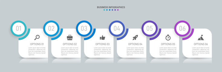 Horizontal progress bar featuring 6 arrow-shaped elements, symbolizing the six stages of business strategy and progression. Clean timeline infographic design template. Vector for presentation