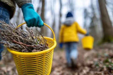 Close-up of a gloved hand holding a yellow basket filled with twigs during a forest cleanup, with a child in a yellow jacket walking ahead holding another basket