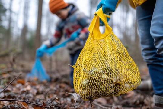 Close-up of a child and adult collecting trash in a forest, holding a yellow mesh bag filled with litter, highlighting environmental care and family teamwork - Powered by Adobe