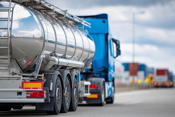 Oil tanker truck with reflective chrome tank and blue cab driving on highway, emphasizing fuel transportation and energy logistics