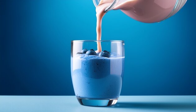 pouring vibrant blue smoothie into a clear glass on a minimalist background for a refreshing drink experience