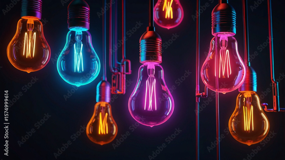 Poster a collection of neon light bulbs hangs, each emitting a vibrant glow, creating a dynamic and colorfu