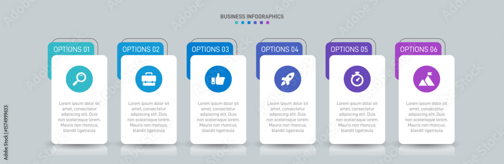 Poster horizontal progress bar featuring 6 arrow-shaped elements, symbolizing the six stages of business st