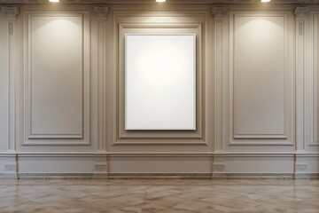 Elegant interior featuring a frame, decorative molding, and recessed wall panels illuminated by ceiling spotlights in a classical design.