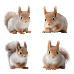 Four adorable red squirrels posed in different positions isolated on transparent background