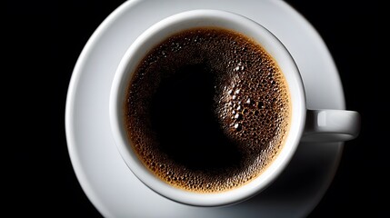 Detailed close-up of elegant black coffee in a white cup with mesmerizing interplay of light and shadow from an overhead view.