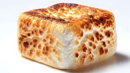 Ultra-detailed close-up view of a perfectly toasted marshmallow with a golden gooey center and intricate caramelized texture on a pristine white background