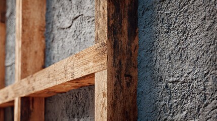 Detailed Construction Site Close-Up Featuring Textured Exterior Wall Preparation with Prominent Wooden Framework and Smooth Concrete Finishing