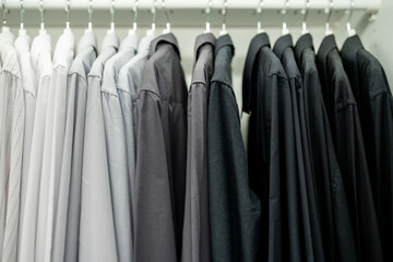 Business shirts in neat color order hanging in a closet space