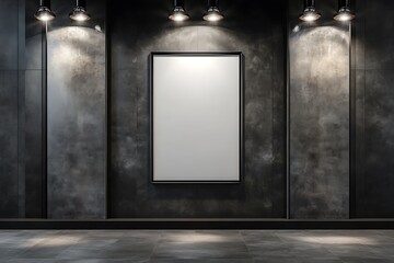 Modern blank framed poster hangs on a dark concrete wall, illuminated by spotlight lamps in an art gallery or showroom
