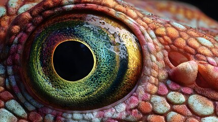 Hyper-realistic Close-up of a Vibrant Coral Grouper Eye with Intricate Marine Textures and Reflections