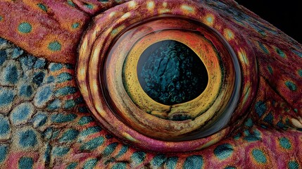 Hyper-realistic Close-up of a Vibrant Coral Grouper Eye with Intricate Marine Textures and Reflections